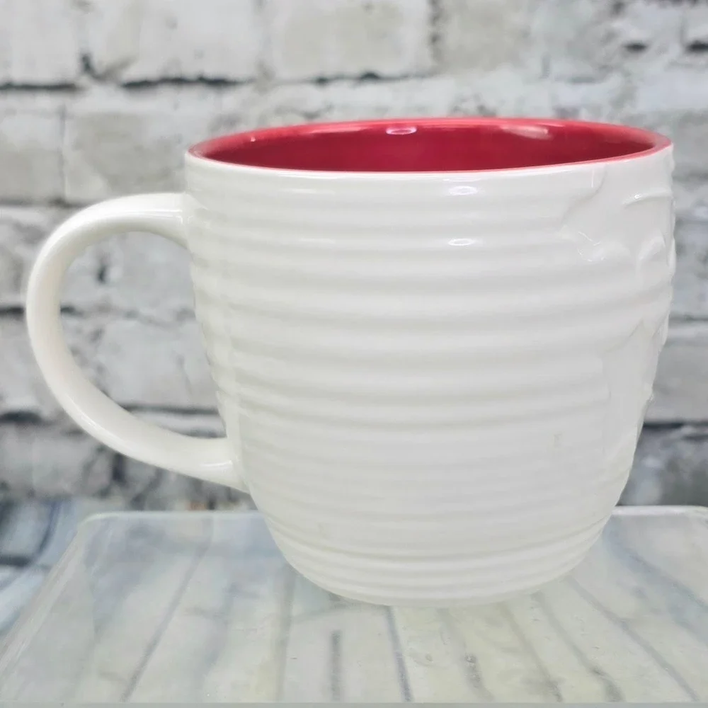 Starbucks 2010 White Christmas‎ Mug Red Holly Berries Embossed Ceramic Cup 16 oz